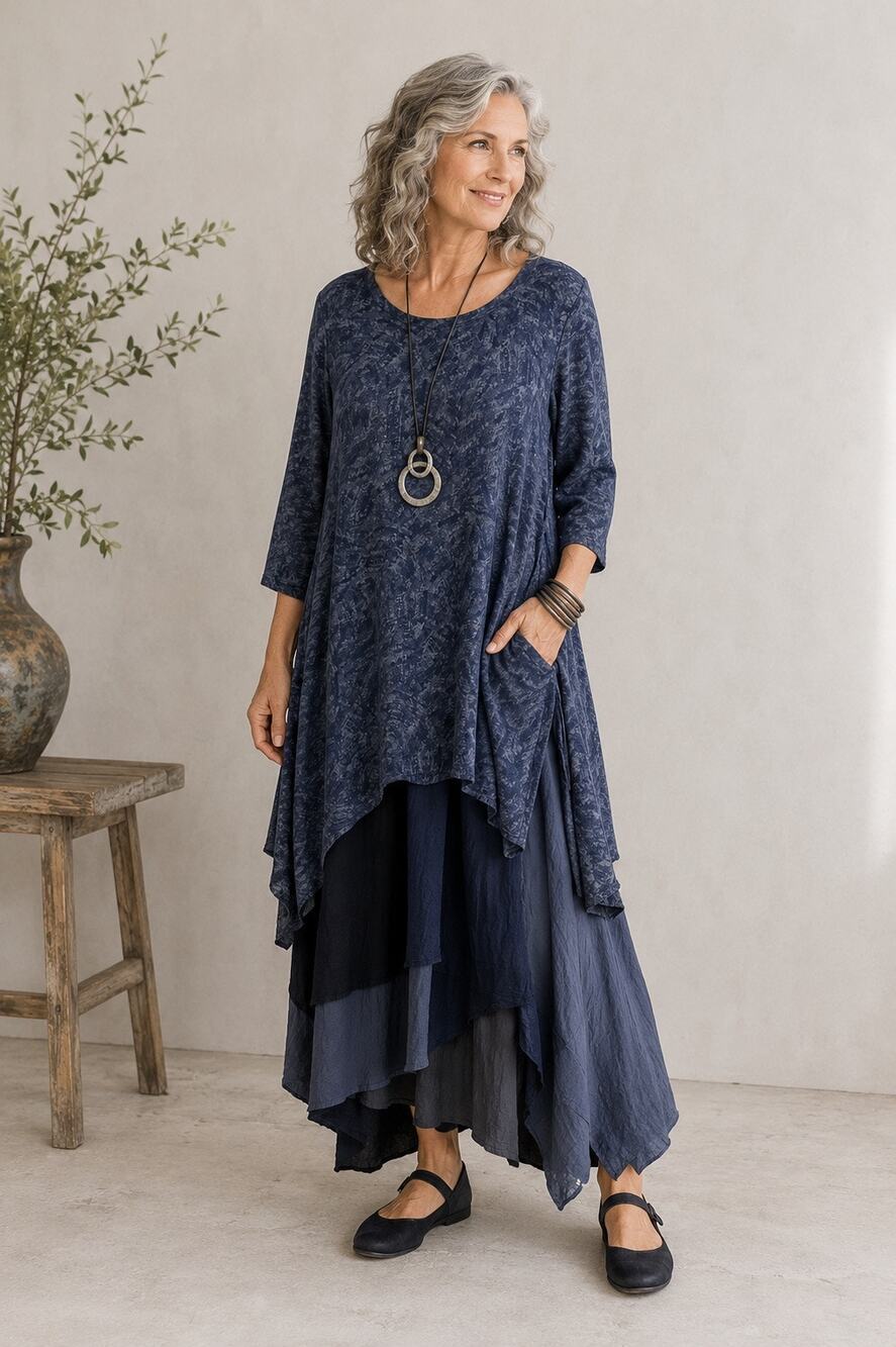 Cut Loose Blue Abstract Print Sharkbite Tunic Top Pockets Rayon USA Women’s S
